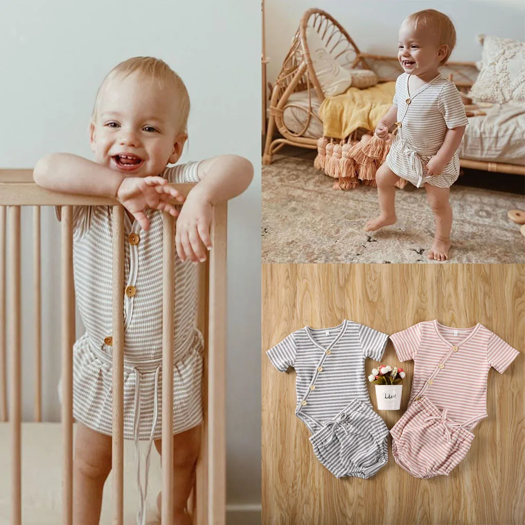 

baby girl clothes set bebes 2PCS Newborn Infant Striped Romper +Tops Bow Shorts Outfits Set summer   Wholesale Z4 new