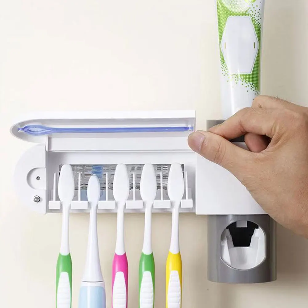JuneJour 2 in 1 Light Ultraviolet Toothbrush Sterilizer Toothbrush Holder Automatic Toothpaste Squeezers Dispenser Bathroom Set - Цвет: British regulatory