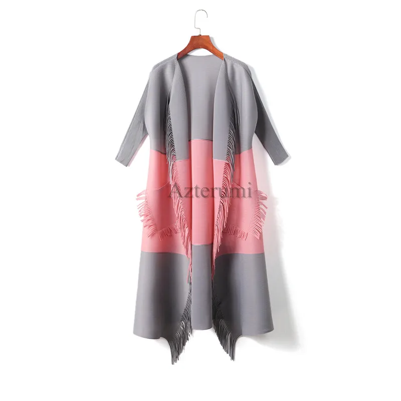 Серый New Fashion Contract Color Pleats Trench Coat Tassel Pocket Cardigans Long Windbreaker Ladies Outerwear Spring Autumn - Цвет: Серый