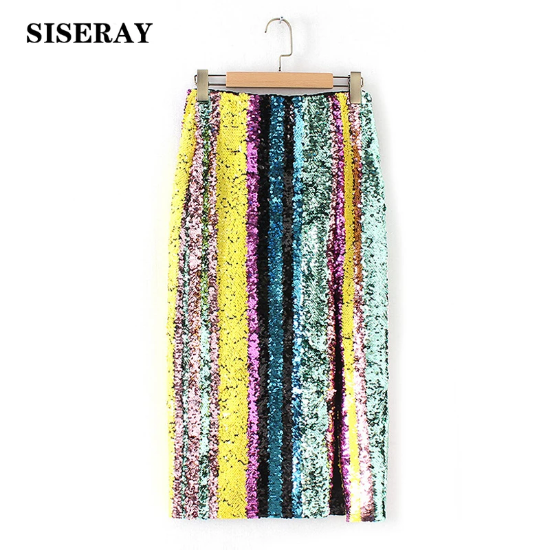 

Chic Rainbow Striped Sequin Midi Skirt High Waist Ladies Pencil Skirt Autumn Winter Back Zipper Split Glitter Skirts For Women