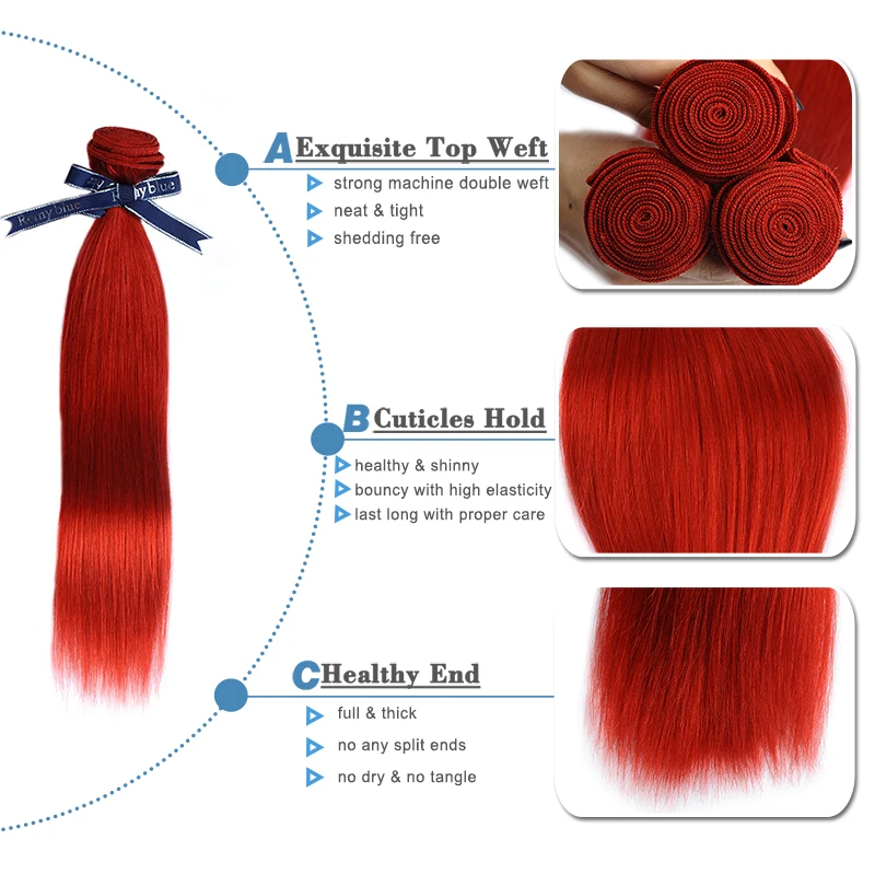 Предварительно окрашенные красные пряди, прямые 4 пряди, бразильские натуральные кудрявые пучки волос Remyblue remy пряди волос 1"-26" для наращивания волос