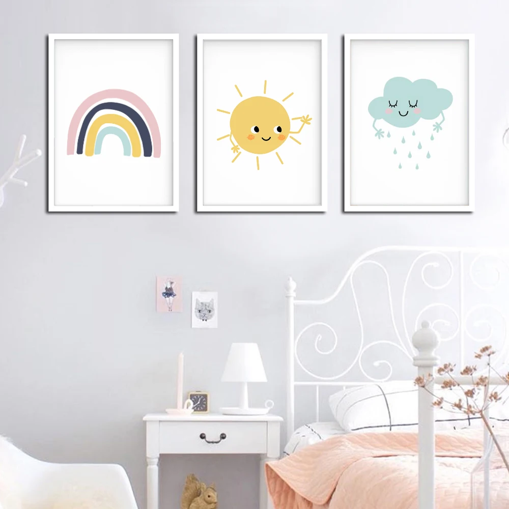 Постер в скандинавском стиле солнце радуга облака постер на стену для детской