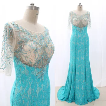 

MACloth Aqua Sheath O Neck Floor-Length Long Crystal Tulle Prom Dresses Dress M 268059 Clearance