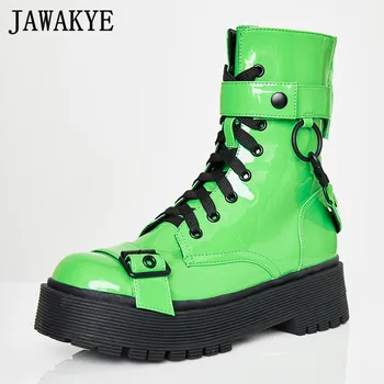 

Green Patent Leather Fashion Ankle Boots Women Round Toe Buckle Lace up Motorcycle Boots Spring Autumn Platform punk botas