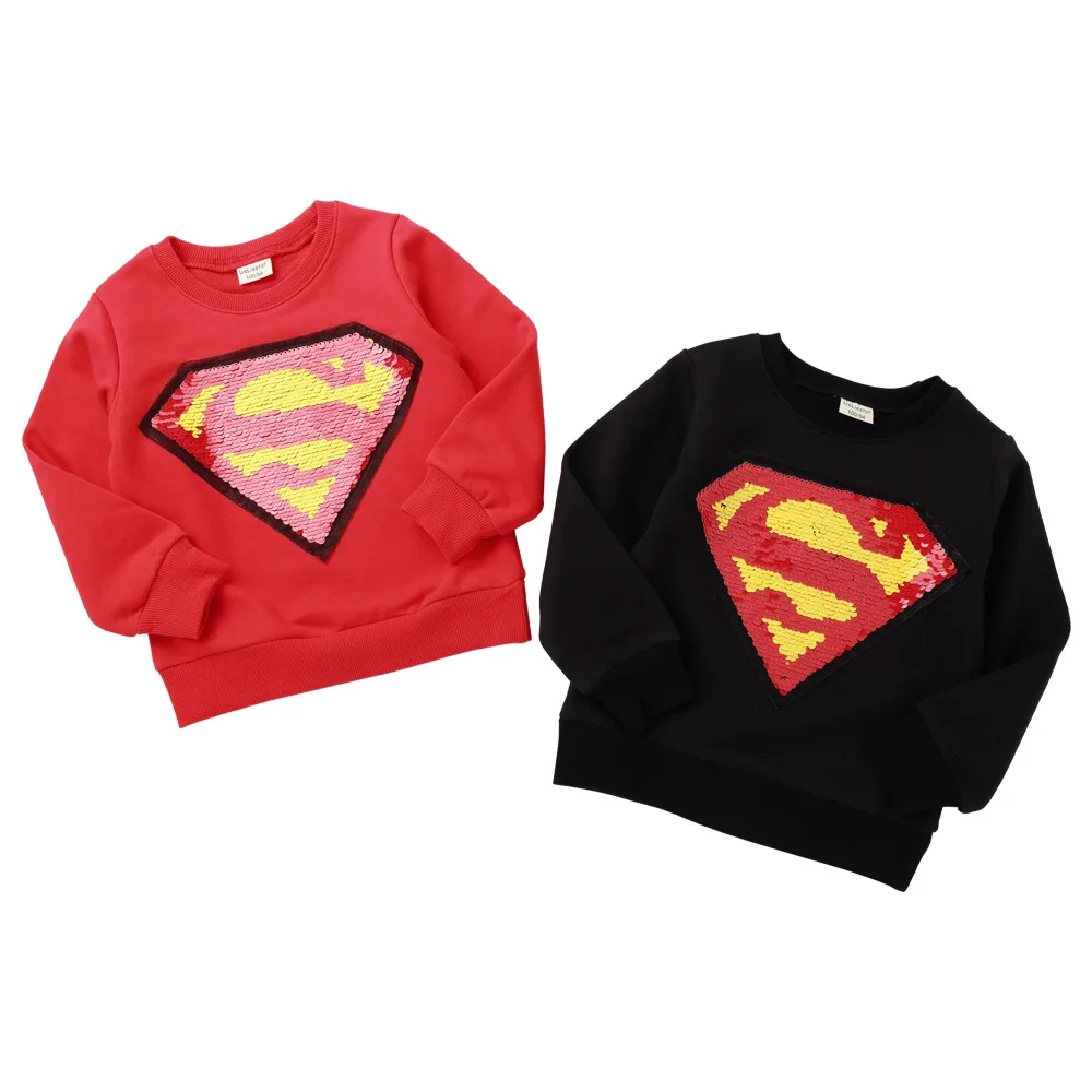 

Fancy Novel Kids Girls Boys Tops Spring Autumn Long Sleeve Cotton Shirt Clothes For Children Sequins Tinsel Superman Pattern