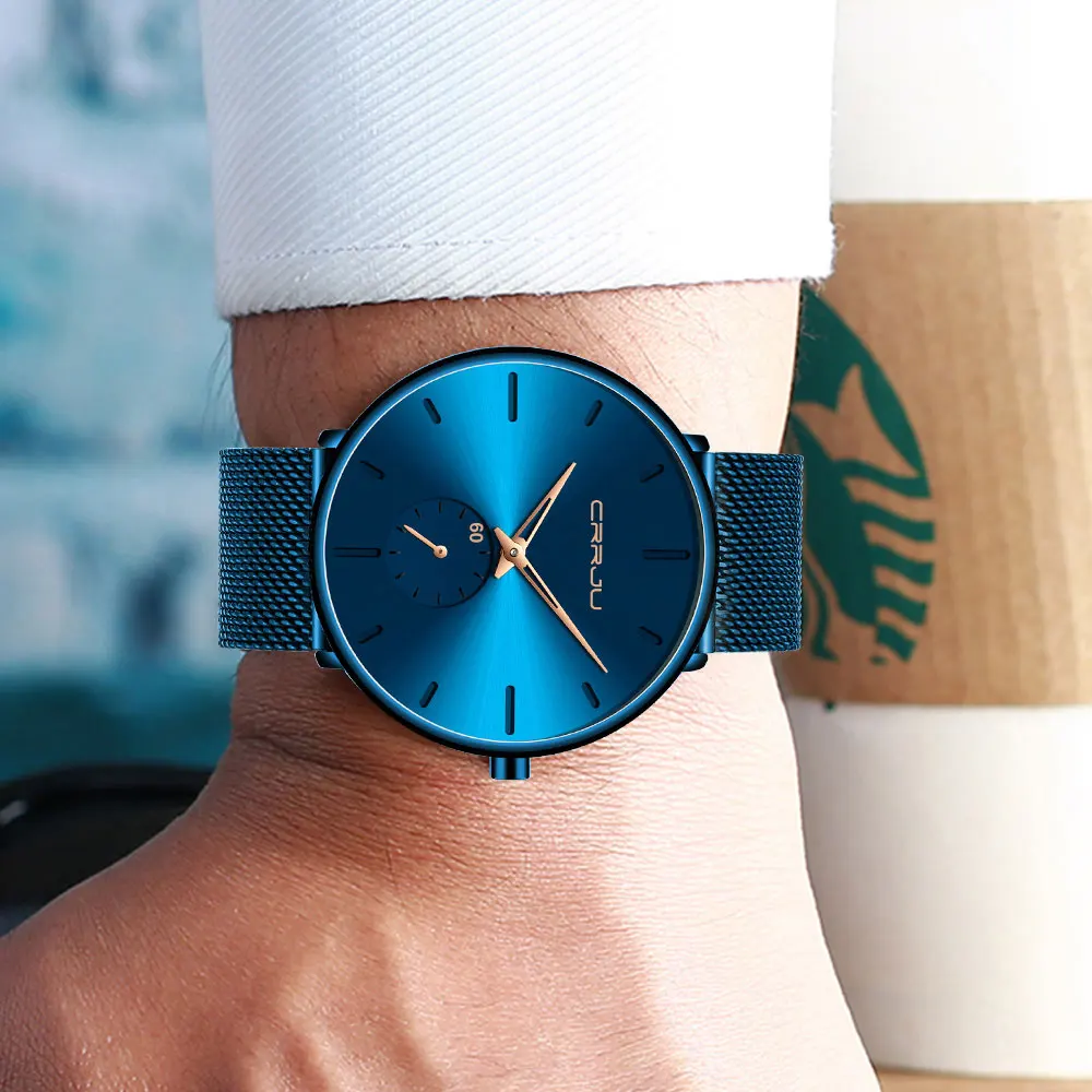 Прямая поставка CRRJU Новые простые дизайнерские водонепроницаемые мужские часы из нержавеющей стали с сеткой лучший бренд класса люкс кварцевые мужские часы