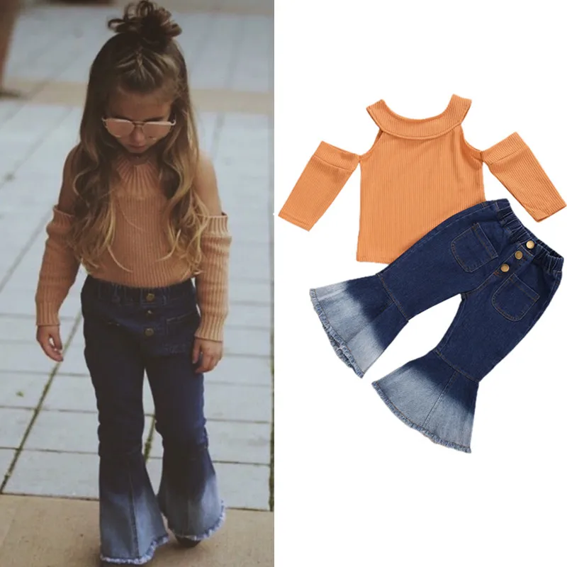 Новый модный осенний комплект одежды с открытыми плечами для маленьких девочек
