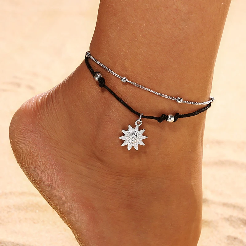 Vintage Boho Multi Layer Beads Anklets For Women Fashion Sun Pendent Anklet Handmade Chain Foot Party Jewelry Leg Bracelet