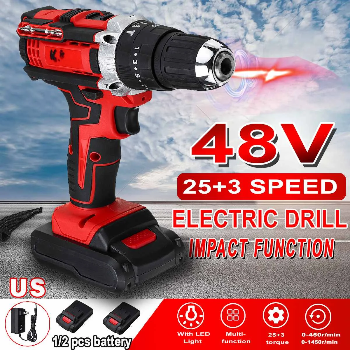 

3 In 1 25 Torque Cordless Impact Electric Drill Screwdriver 48V 2 Speed Mini Power Driver with 2 Rechargeable Battery