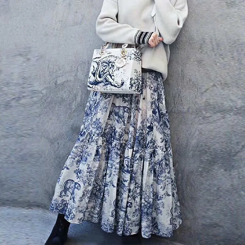 

2019 Autumn Designer Blue Floral Animals Print Woman Long Skirt High New Fashion Elegant Female Holiday Vocation Party Skirts