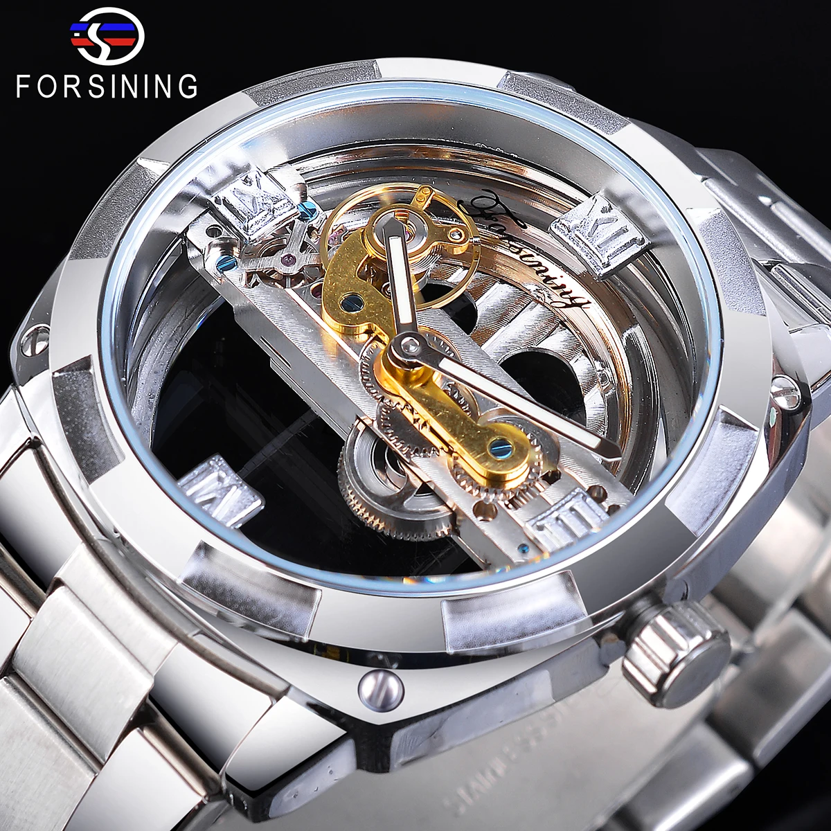 

Forsining Silver Square Male Transparent Mechanical Watches Automatic Golden Gear Skeleton Stainless Steel Band Man Reloj Hombre
