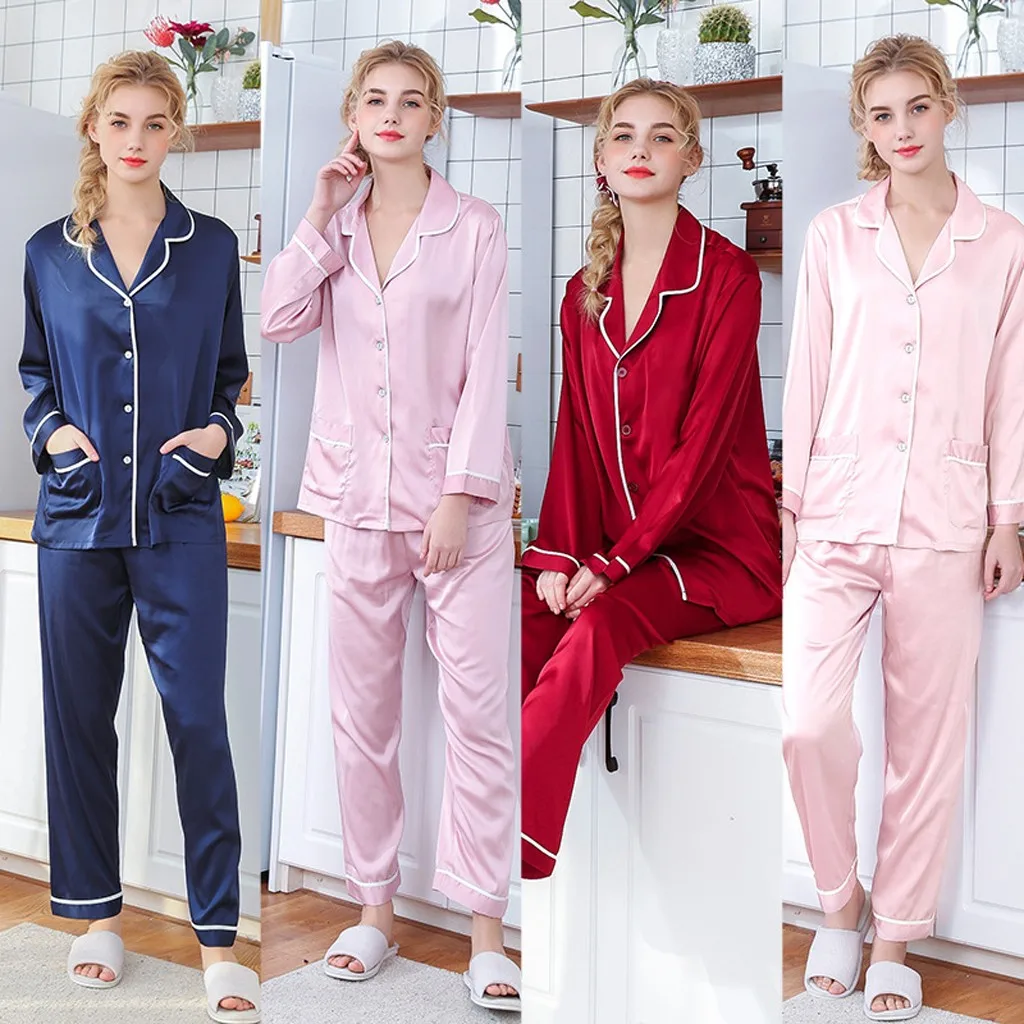 

Fashion Silk Womens Casual Solid Color Satin Button-Down Pajamas Set Bride Sleepwear