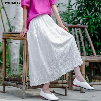 

TIYIHAILEY Free Shipping Fashion Cotton Spring Summer Long Mid-calf A-line Skirts Embroidery Elastic Waist Black White Skirts