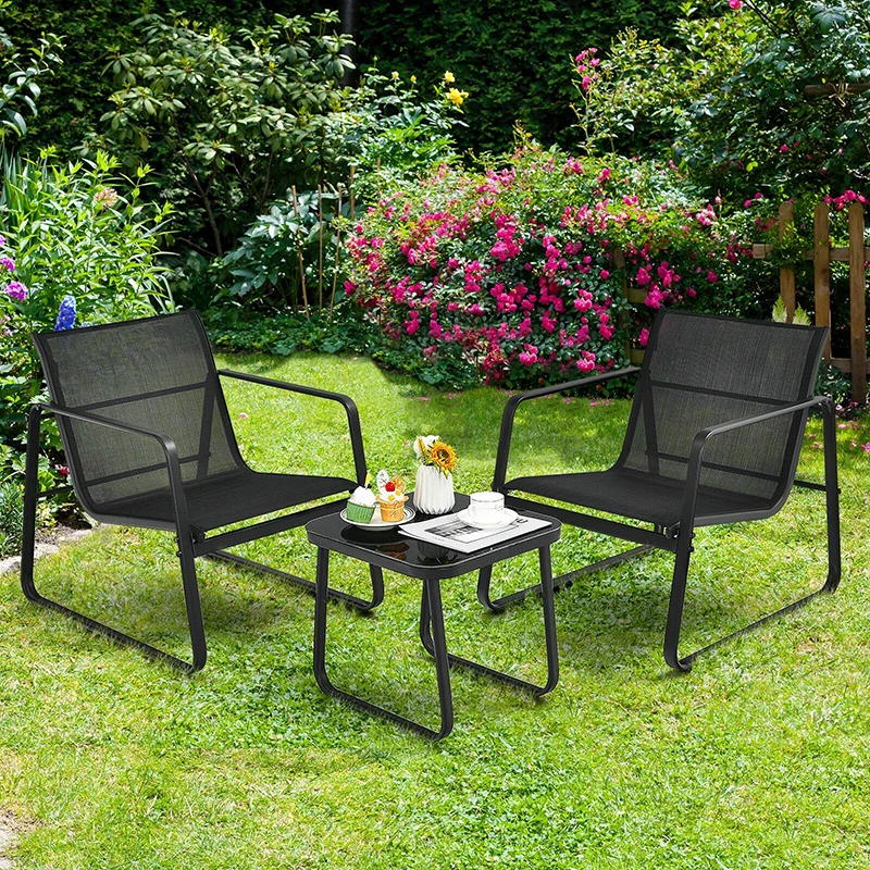 

3 Pieces Patio Bistro Furniture Set Breathable Fabric Ergonomic Chairs Tempered Glass Tabletop Garden Deck Garden Furniture Sets