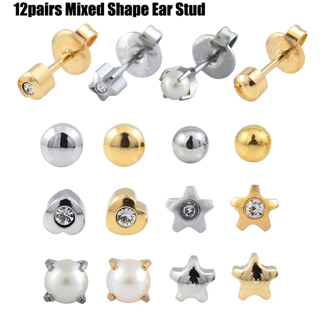 Sterilized Dozen Pack Gold & Silver Color Ear Cartilage Tragus Piercing Stud Earring Mixed Colors Shape Star Heart Pearl
