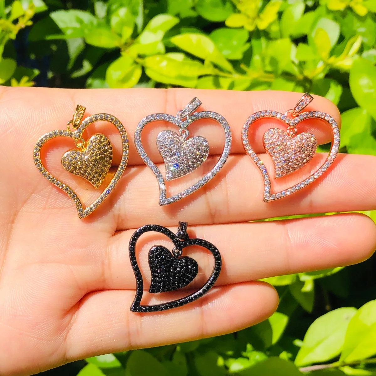 

5pcs Double Heart Pendants for Women Bracelet Making Cubic Zirconia Pave Gold-Plated Charm for Necklace Handcraft Jewelry Supply