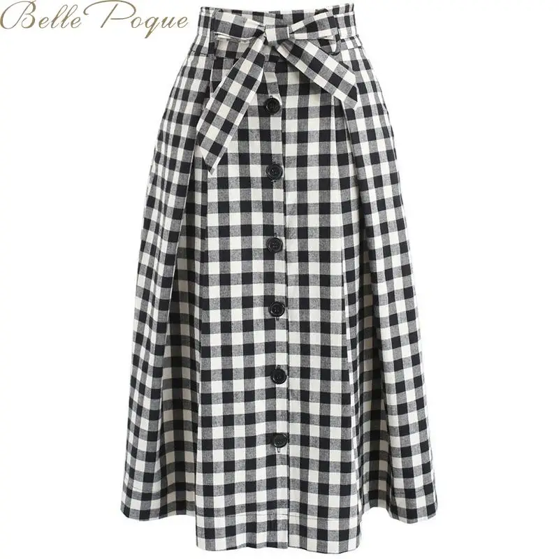 

Belle Poque Classic Vintage Midi Plaid Skirts Elegant Button Pleated Skirts Female A Line Midi Knee Length Bow Skirts 2019