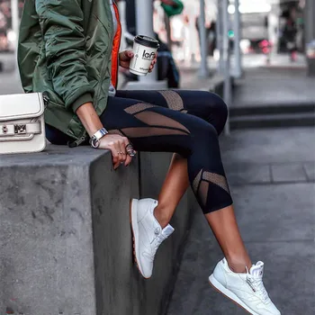 

2019 New Fashion Patchwork Women High Waist Sports Leggings Running Gym Stretch Mesh Athletic