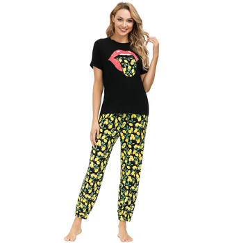

Zexxxy Women Pajamas Sleepwear Short Sleeve Tops+Drawstring Waist Pants 2pcs Set Cotton Top And Woven Pants Pajama Set