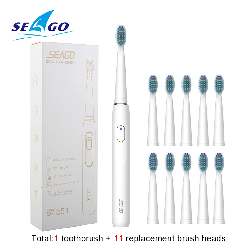 White3 SEAGO электрическая зубная щетка, USB перезаряжаемая, для взрослых, водонепроницаемая, звуковая зубная щетка, 4 режима, для путешествий, с 3 головками, безопасный подарок - Цвет: White3