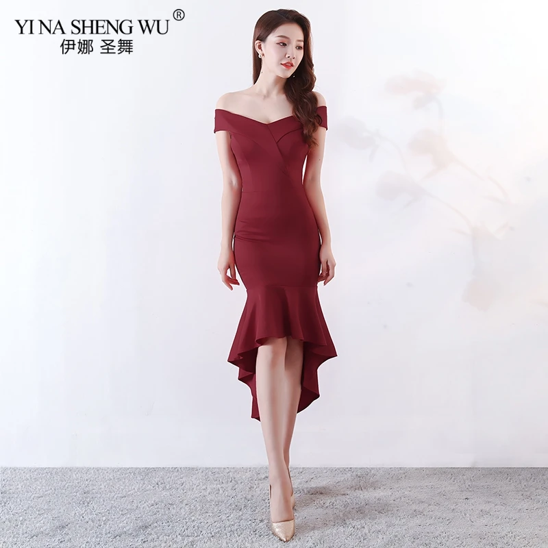 Jujube red Вечернее платье, сексуальное, с открытыми плечами, Robe De Soiree, одноцветные, на молнии, женские платья "рыбий хвост" для вечеринки, новые, с вырезом лодочкой, элегантные, вечерние платья - Цвет: Jujube red