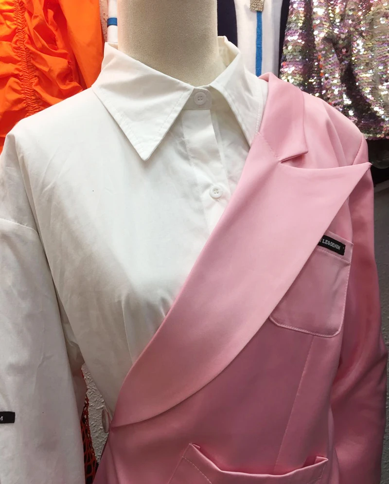 Star With The Same Paragraph Autumn And Winter New Pink Lapel Half Wear Suit White Long-sleeved Long Shirt F611