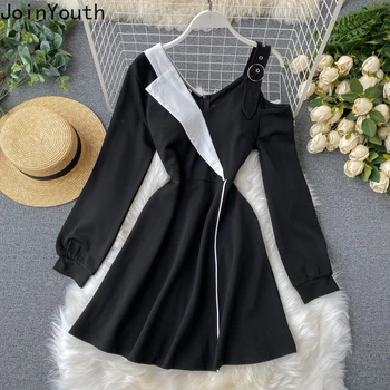 

Joinyouth Women Sexy Hollow-out Long Sleeve Dresses Contrast Color Patchwork V-neck A-line Vestido Slim Waist Short Dress 58027