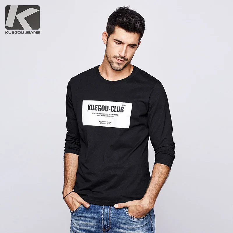 

KUEGOU 2019 Autumn 100% Cotton Print Plain White T Shirt Men Tshirt Brand T-shirt Long Sleeve Tee Shirt Fashion Clothes Top 7708