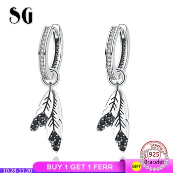 

100% 925 Sterling Silver Indian Tribe Feather Drop Earrings Clear & Black Stone Earrings for Women Fashion Jewelry Gift
