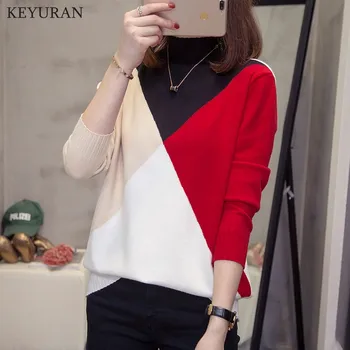 

2020 New Patchwork Turtleneck Pullover Women Knitwear Autumn Winter Sweaters And Pullovers Casual Knitted Jumper Plus Size 4XL