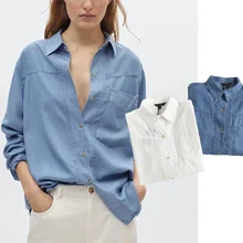 

Withered England Style Fashion Big Pockets Loose Tencel Denim Blouse Women Blusas Mujer De Moda 2021 Shirt Women Blouse And Tops
