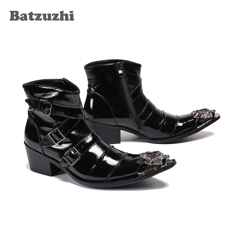 Batzuzhi Western Punk Men's Boots 6.5CM Heels Motorcycle Pointed Metal Toe Black Leather Ankle Boots Men Soft Leather Rock Boots