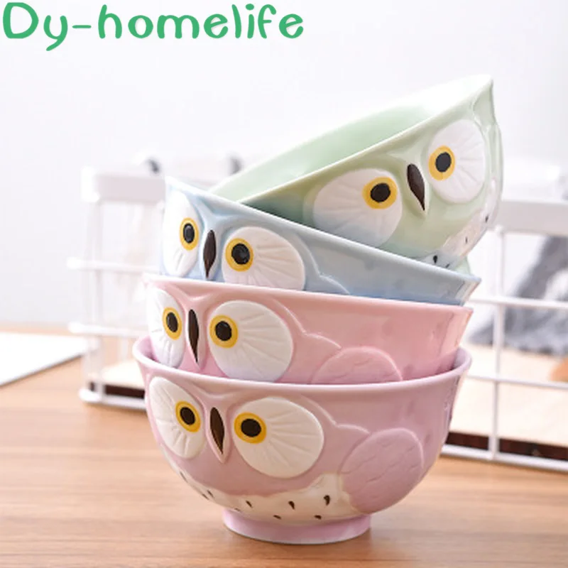 

5inch Japanese Style Creative Hand Painted Colorful Owl Ceramic Bowl Kitchen Household Bone China Bowl Couple Children Tableware