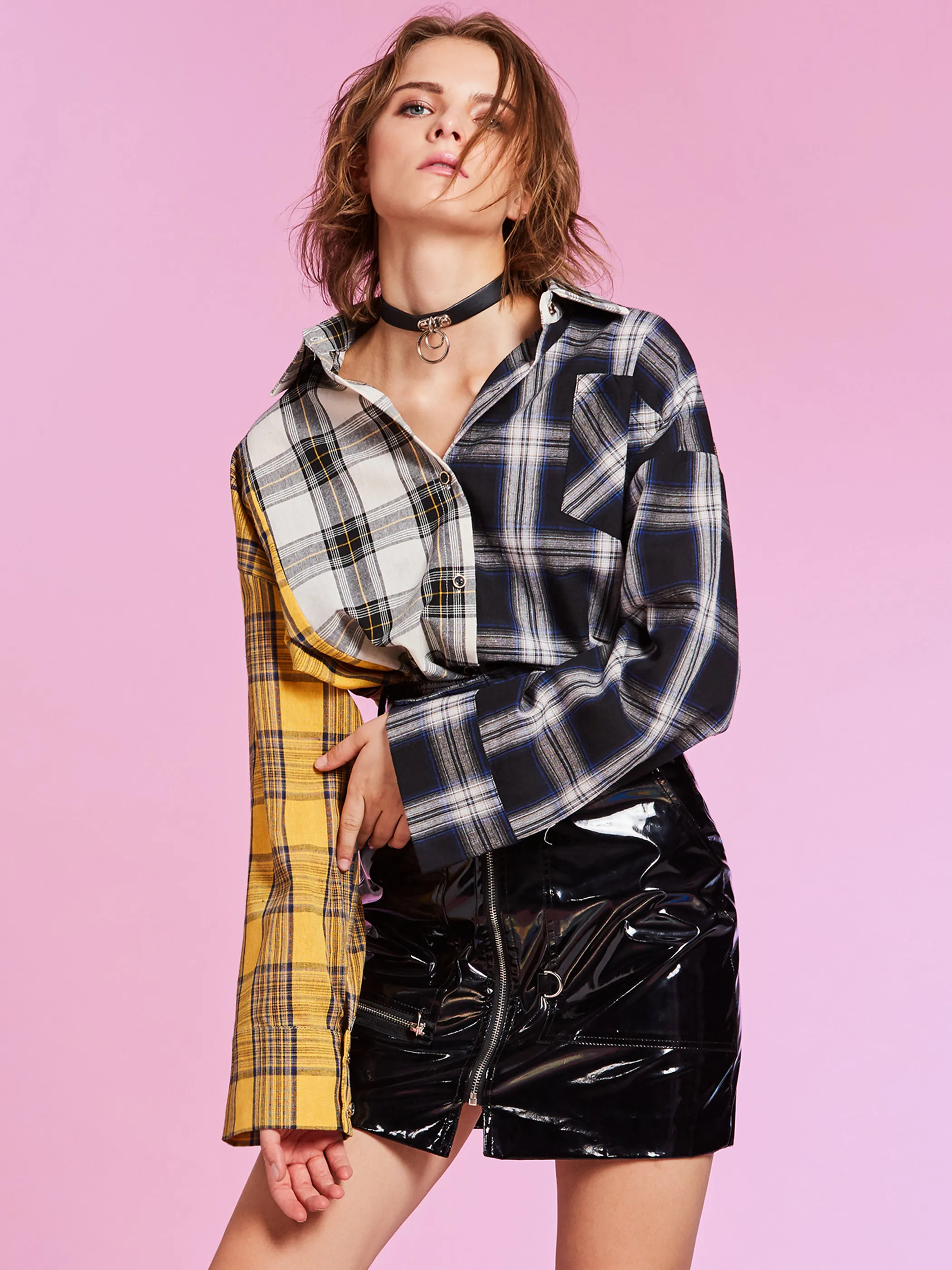 Goede Vrouwen Shirt Oversize Katoen Plaid Blouse Casual Korea Splice Top Motorfiets Hip Hop Streetwear Patchwork Jas 2020 Lente Tops