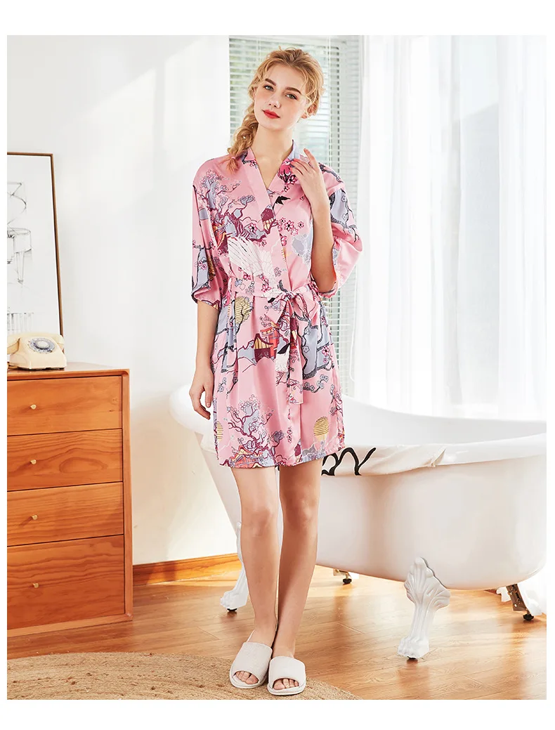 Norns принт пижамы дамы рукав многоцветный женский халат шелковый цветок ночная рубашка ночной халат-Пижама Халат