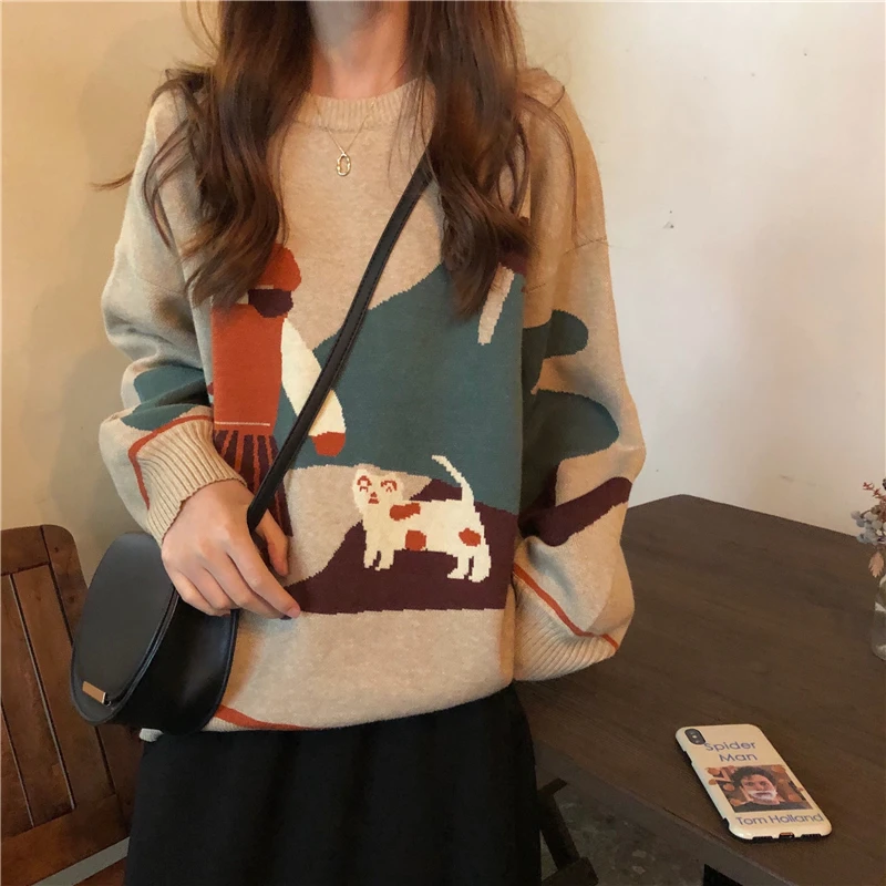 

O Neck Casual Autumn Sweater Women's 2020 New Loose Korean-Style Long-Sleeved Pullover Knitting Shirt Printed Top 538J