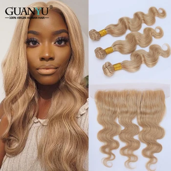 

#27 Honey Blonde Bundles with Frontal Closure 13X4 Brazilian Non-Remy Human Hair Ear to Ear