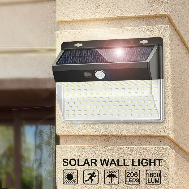 206 LED Solar Powered PIR Motion Sensor Garden Wall Light Security Flood Outdoor 