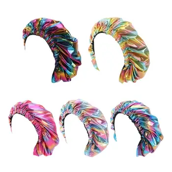 

Women Rainbow Holographic Metallic Night Sleep Cap Reversible Large Double Layer Bonnet Elastic Band Hair Loss Chemo Hat