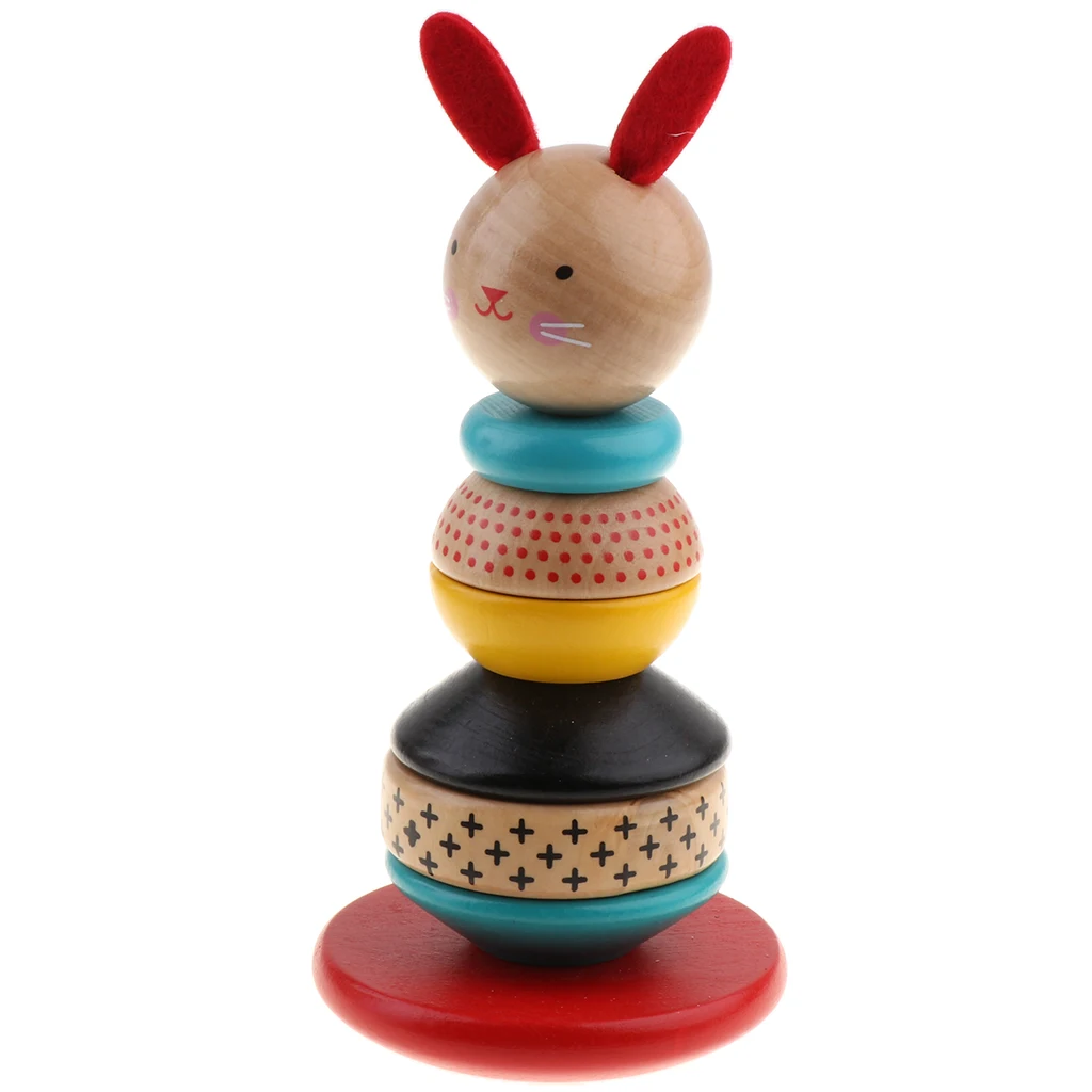 Wooden Blocks Toy for Kids Babies, Rainbow Tower Rabbit Tumbler Doll Roly-poly Baby Toy