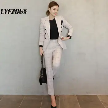 

LYFZOUS Plaid Two 2 Piece for Women Beige Suit Collar Coat And pant 2 Piece Set Spring Autumn Office Style Women Pant Suits