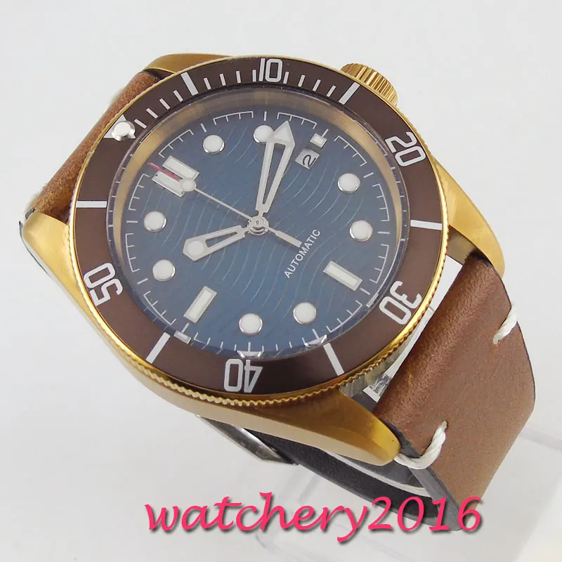 Classic 41mm Bronze Plated Men's Watch Auto Date Blue Dial Wave Pattern Sapphire Glass