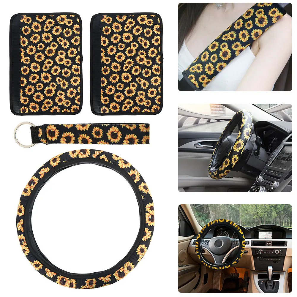 4pcs/set Neoprene Sunflower Car Steering Wheel Cover with Seat Belt Pads Keychain Soft Plush Winter Steering Wheel Cover