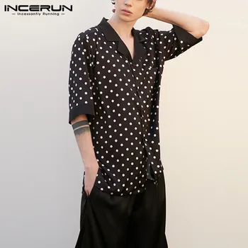 

Fashion Comfy Sleepwear Sets INCERUN Leisure Polka Dot Blouse Elastice Waist Shorts Pajamas Suits Men Loose Homewear Suits S-5XL