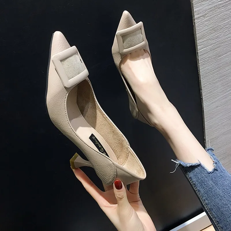 

EOEODOIT Women Leather Heels Pumps Fashion Spring Autumn Pointed Toe Square Buckle Slip On High Kitten Heel Shoes Party Office