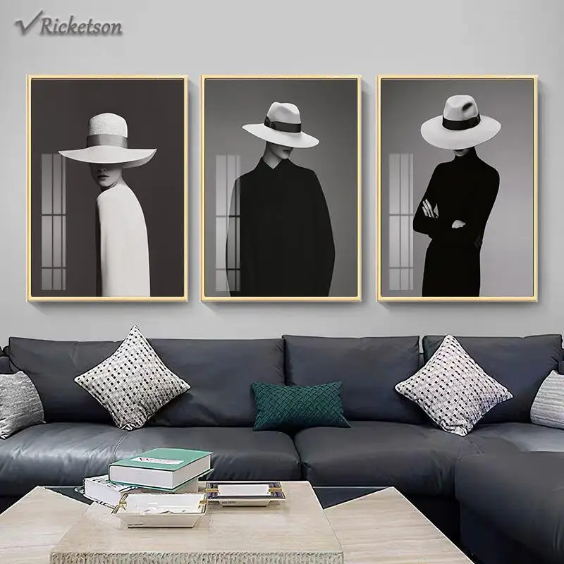 

Black and White Sexy Women with Hat Posters&prints Modern Mural Canvas Painting Wall Art Pictures for Living Room Home Decor