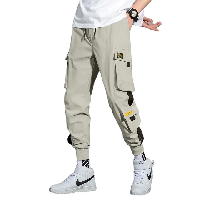 Pantalones Cargo con cintas para hombre, ropa de calle informal con bolsillos laterales, estilo Hip Hop, color negro, 2021 6