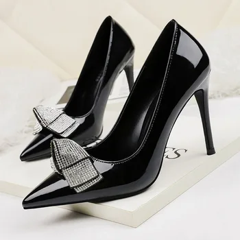 

10CM PUMPS Web celebrity girls' high heels, pointed head, shallow mouth bowknot single shoes, sexy and versatile women's shoes