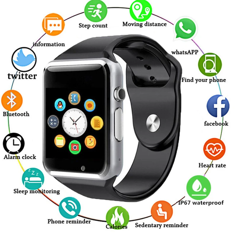 

Bracelet A1 Bluetooth Smart Clock Men Sports Counter with SIM camera Smartwatch for Android Smartphone Russia Good As DZ09 mens