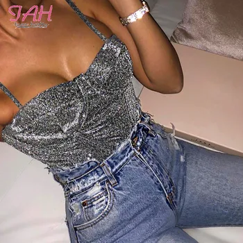 

IAMHOTTY Hold Chest Sleeveless Sexy Bodysuit Party Summer Glitter Short Jumpsuits Ladies Spaghetti Strap Body Top Streetwear